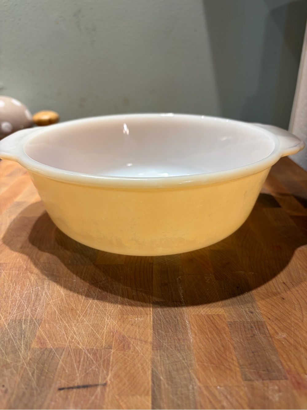 Anchor Hocking Yellow and White Ceramic Mixing Bowl with Handles